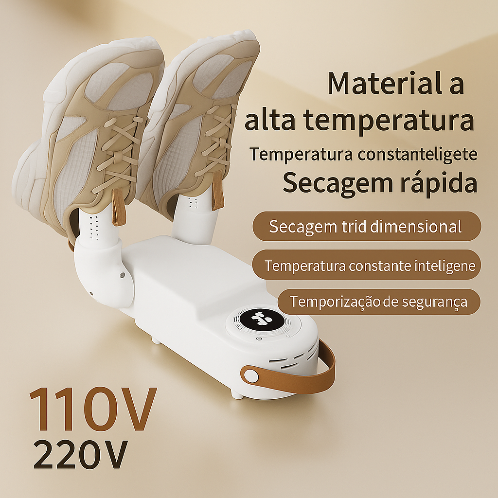 Secador de Sapatos com temporizador ajustável, ideal para eliminar umidade, odores e fungos com secagem rápida e silenciosa.