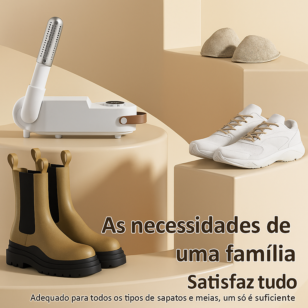 Secador de Sapatos com temporizador ajustável, ideal para eliminar umidade, odores e fungos com secagem rápida e silenciosa.