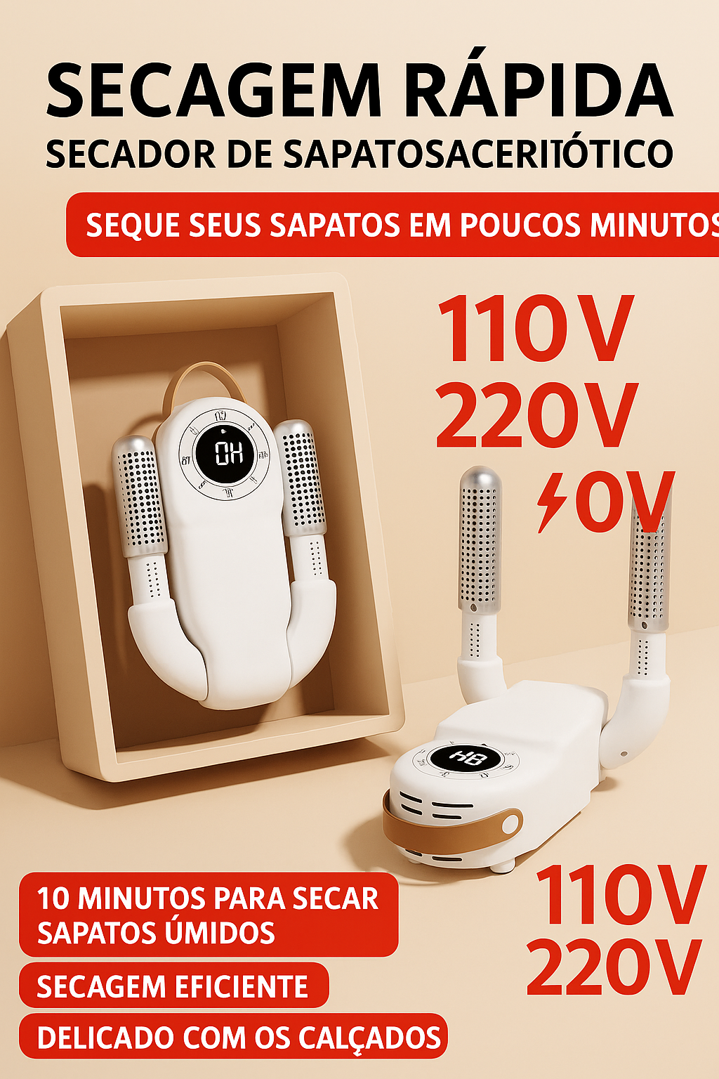 Secador de Sapatos com temporizador ajustável, ideal para eliminar umidade, odores e fungos com secagem rápida e silenciosa.
