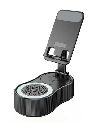 Suporte de celular com alto-falante Bluetooth integrado, rotação 360° e luz LED ambiente. Perfeito para vídeos, chamadas e iluminação decorativa.