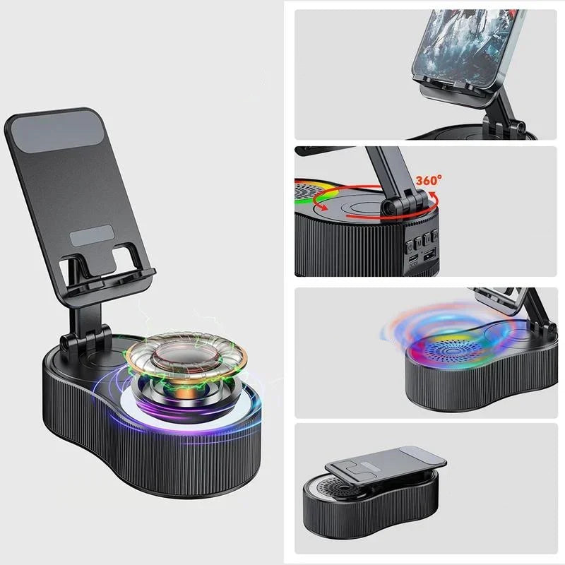 Suporte de celular com alto-falante Bluetooth integrado, rotação 360° e luz LED ambiente. Perfeito para vídeos, chamadas e iluminação decorativa.
