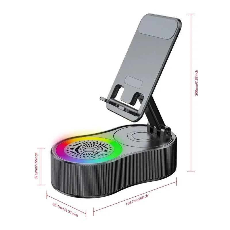 Suporte de celular com alto-falante Bluetooth integrado, rotação 360° e luz LED ambiente. Perfeito para vídeos, chamadas e iluminação decorativa.