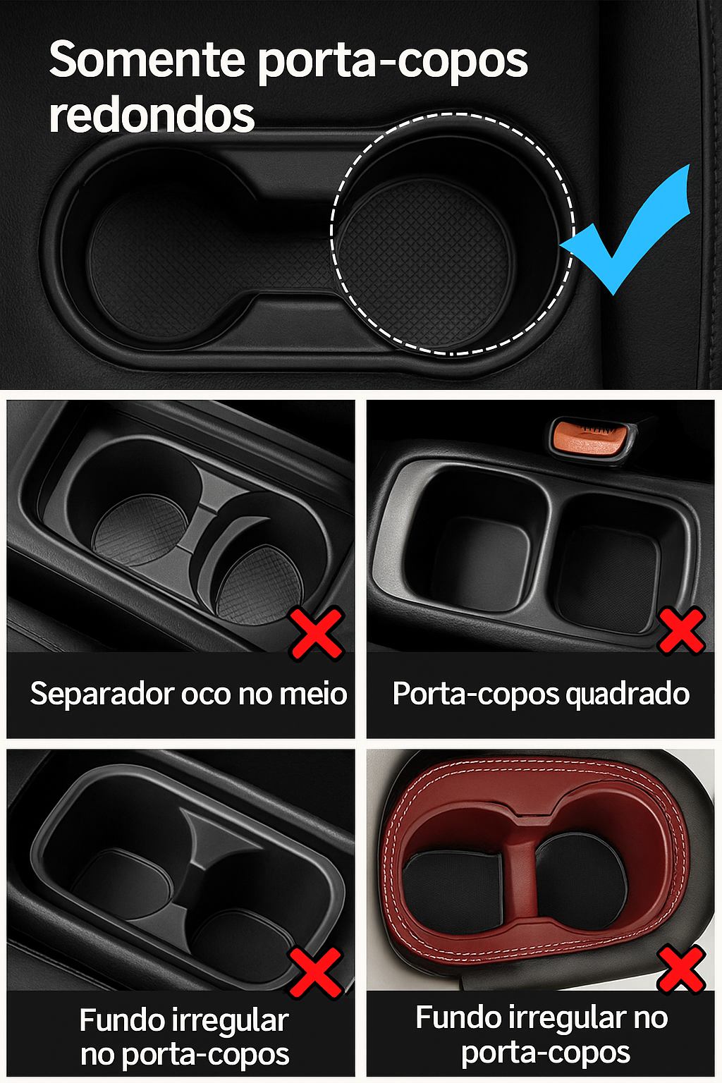 Suporte de copos giratório 2 em 1 para carro, com divisórias para celular e acessórios. Ajustável, resistente e prático para organização veicular.