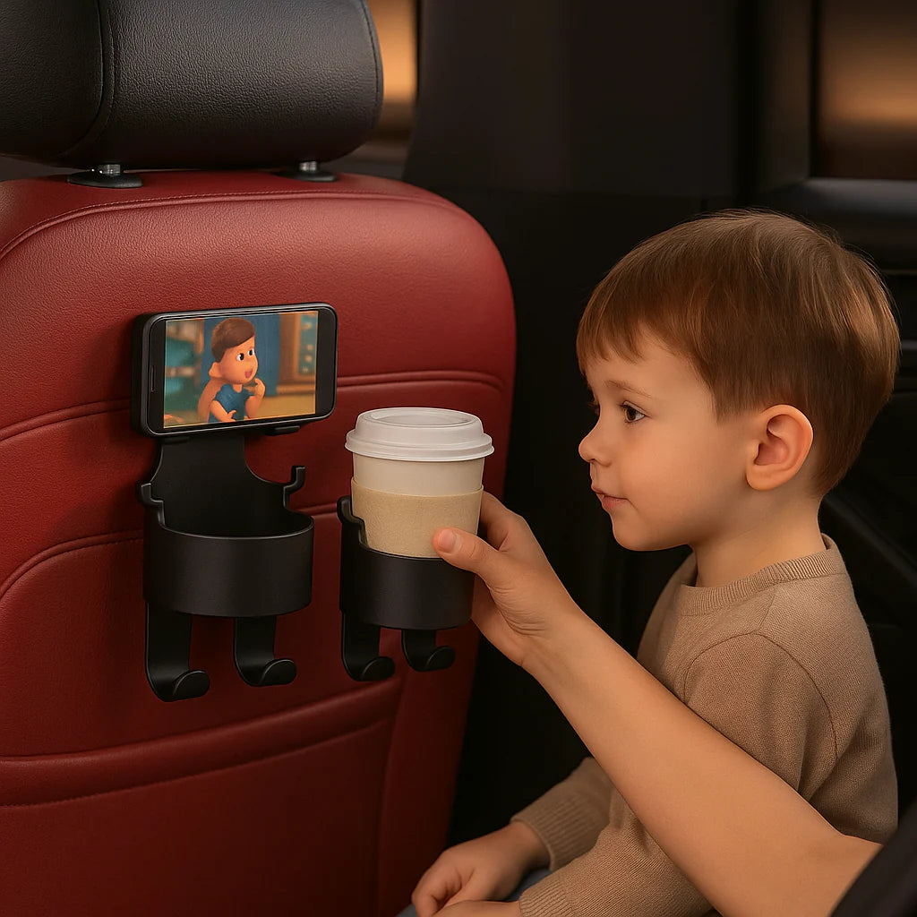 Suporte de copos com gancho universal para carro, ideal para fixar bebidas com segurança em saídas de ar ou encostos. Compacto e fácil de instalar.