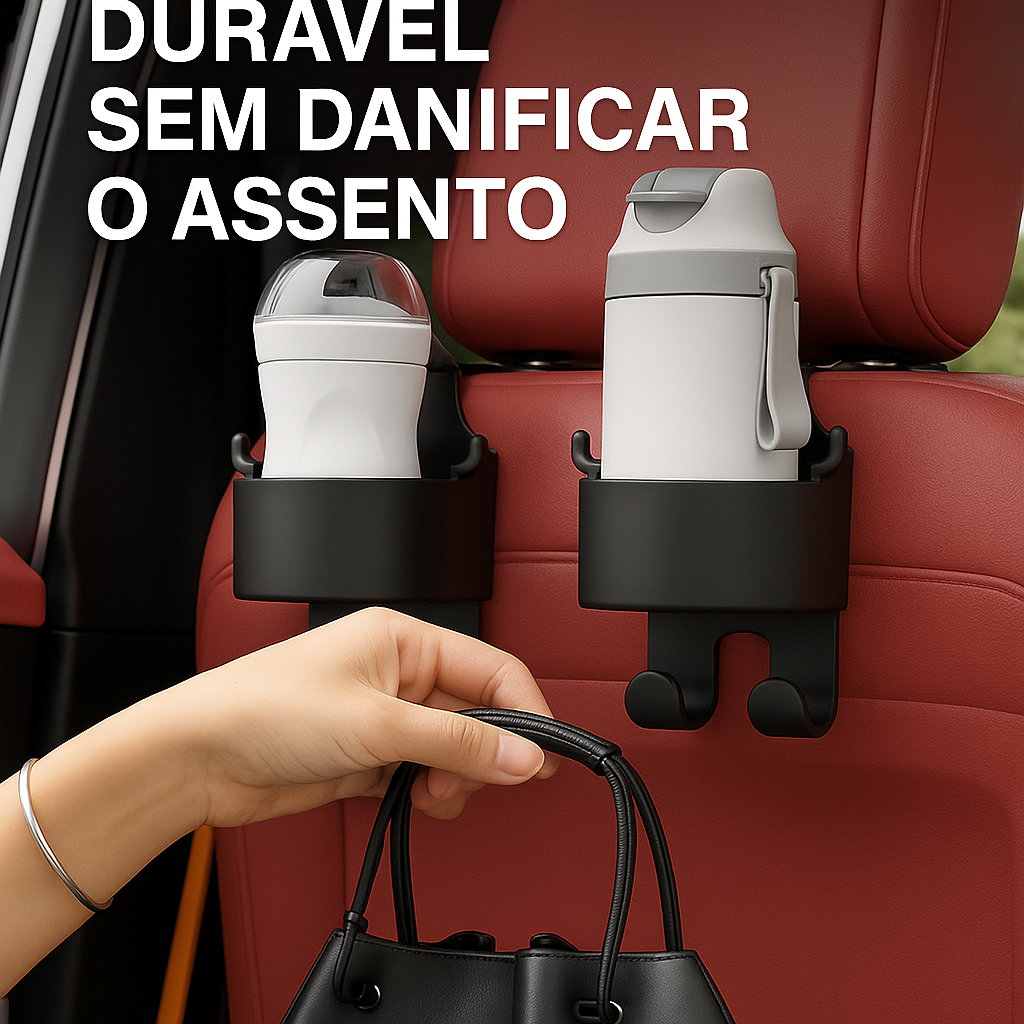 Suporte de copos com gancho universal para carro, ideal para fixar bebidas com segurança em saídas de ar ou encostos. Compacto e fácil de instalar.