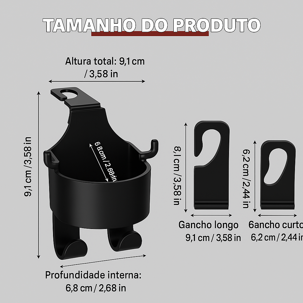 Suporte de copos com gancho universal para carro, ideal para fixar bebidas com segurança em saídas de ar ou encostos. Compacto e fácil de instalar.