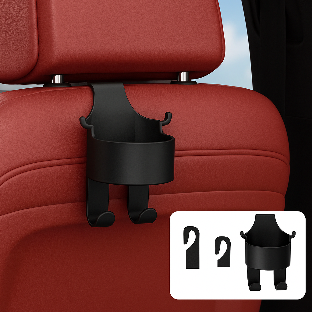 Suporte de copos com gancho universal para carro, ideal para fixar bebidas com segurança em saídas de ar ou encostos. Compacto e fácil de instalar.