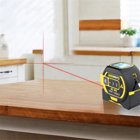 Trena laser digital multifuncional com medição a laser, trena tradicional e roda digital. Compacta, precisa e recarregável via USB