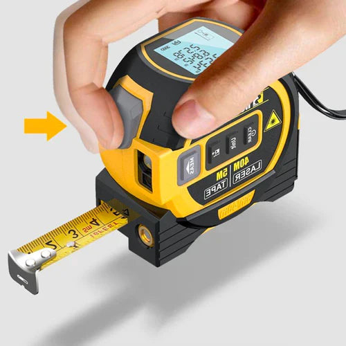Trena laser digital multifuncional com medição a laser, trena tradicional e roda digital. Compacta, precisa e recarregável via USB