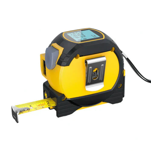 Trena laser digital multifuncional com medição a laser, trena tradicional e roda digital. Compacta, precisa e recarregável via USB