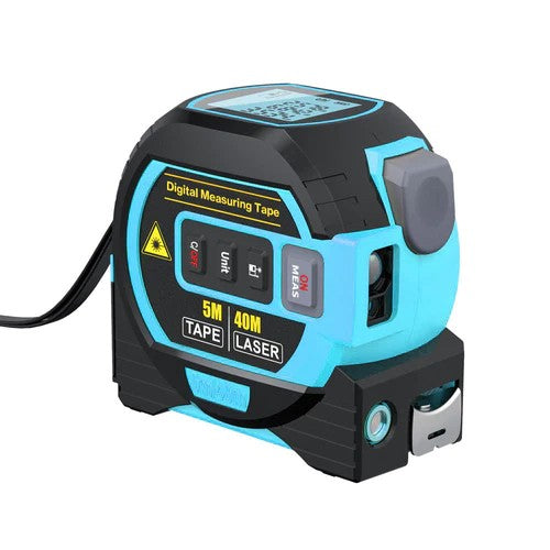 Trena laser digital multifuncional com medição a laser, trena tradicional e roda digital. Compacta, precisa e recarregável via USB