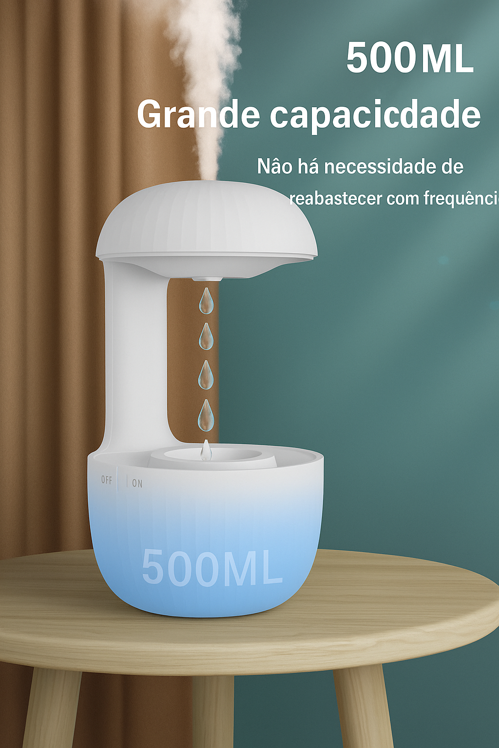 Umidificador de ambiente antigravidade com gotas levitantes e névoa fria.