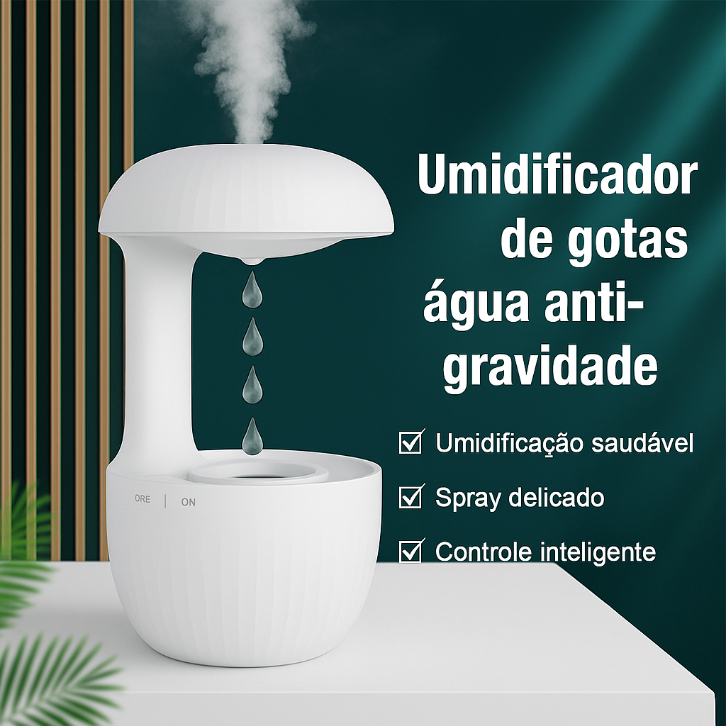 Umidificador de ambiente antigravidade com gotas levitantes e névoa fria.