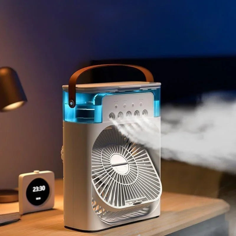 Ventilador com umidificador silencioso e eficiente para conforto térmico.