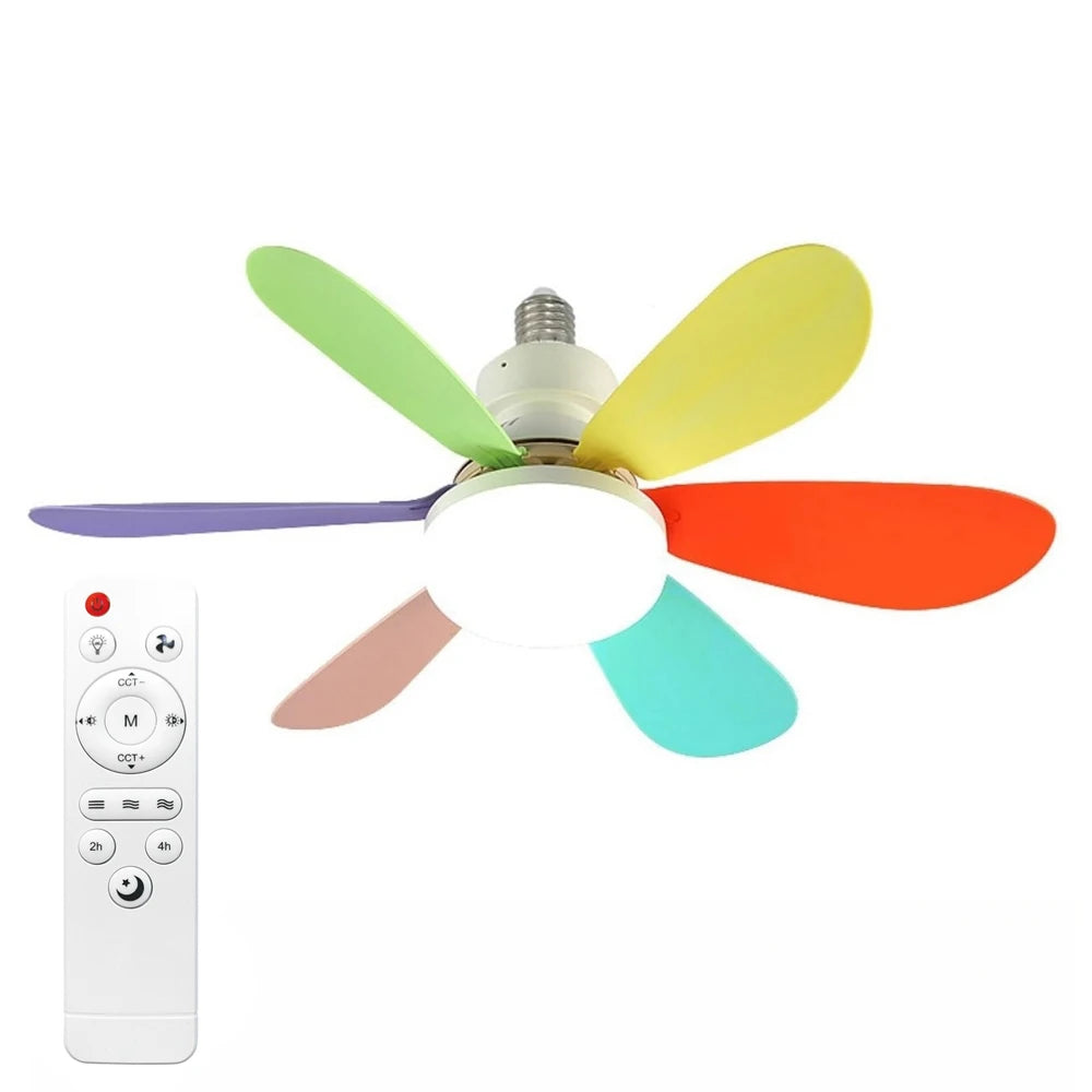 Ventilador de teto com lâmpada LED e controle remoto, design moderno e silencioso. Ideal para conforto e ventilação prática em qualquer ambiente.