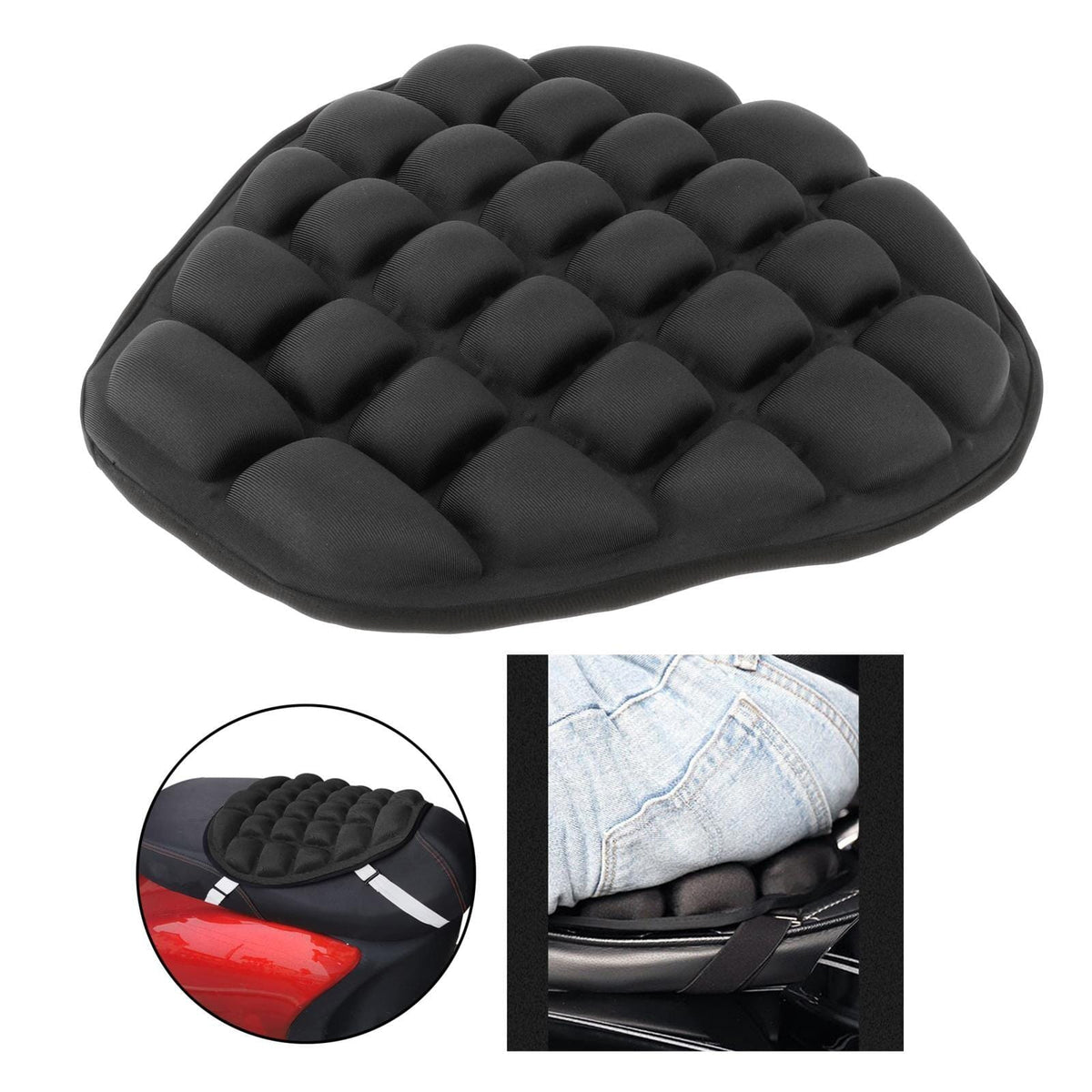 Almofada inflável para banco de moto com design ergonômico, ventilação e conforto em viagens longas