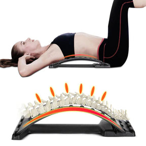 Aparelho ergonômico para alongamento lombar com níveis ajustáveis e pontos de acupressão para aliviar dores e melhorar a postura