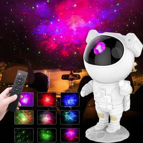 Astronauta projetor com luzes LED para relaxamento e decoração.