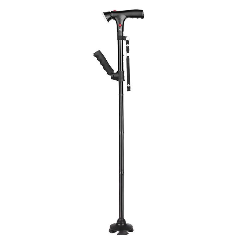 Bengala multifuncional com 4 pés, lanterna LED e base antiderrapante para estabilidade e segurança ao caminhar