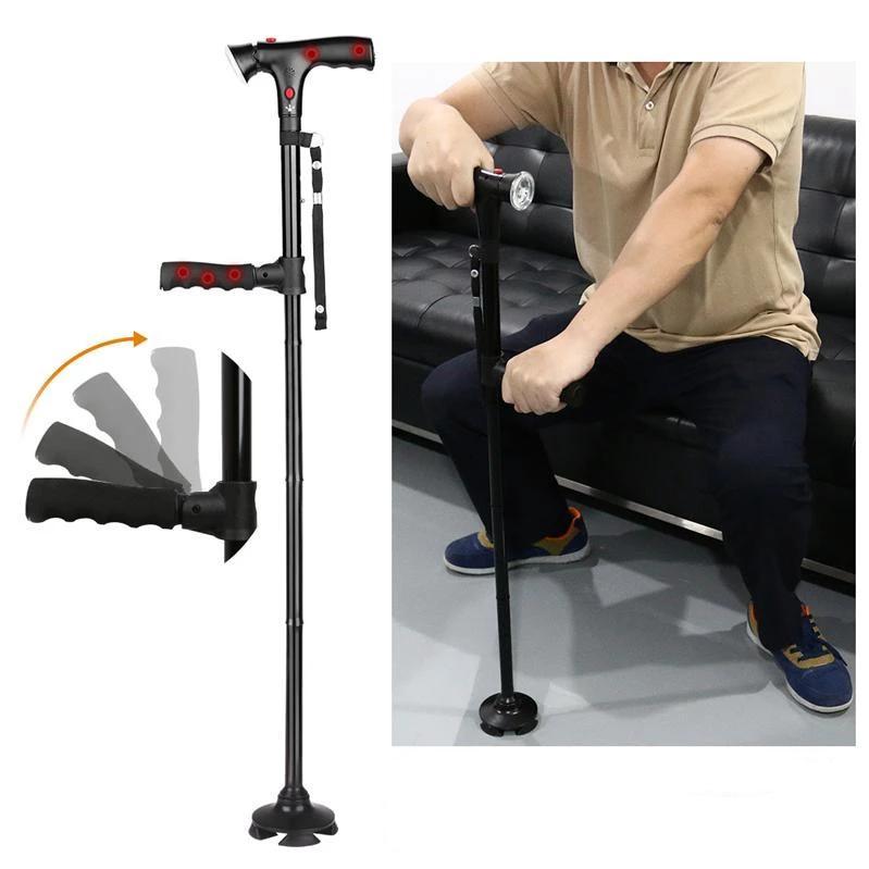 Bengala multifuncional com 4 pés, lanterna LED e base antiderrapante para estabilidade e segurança ao caminhar