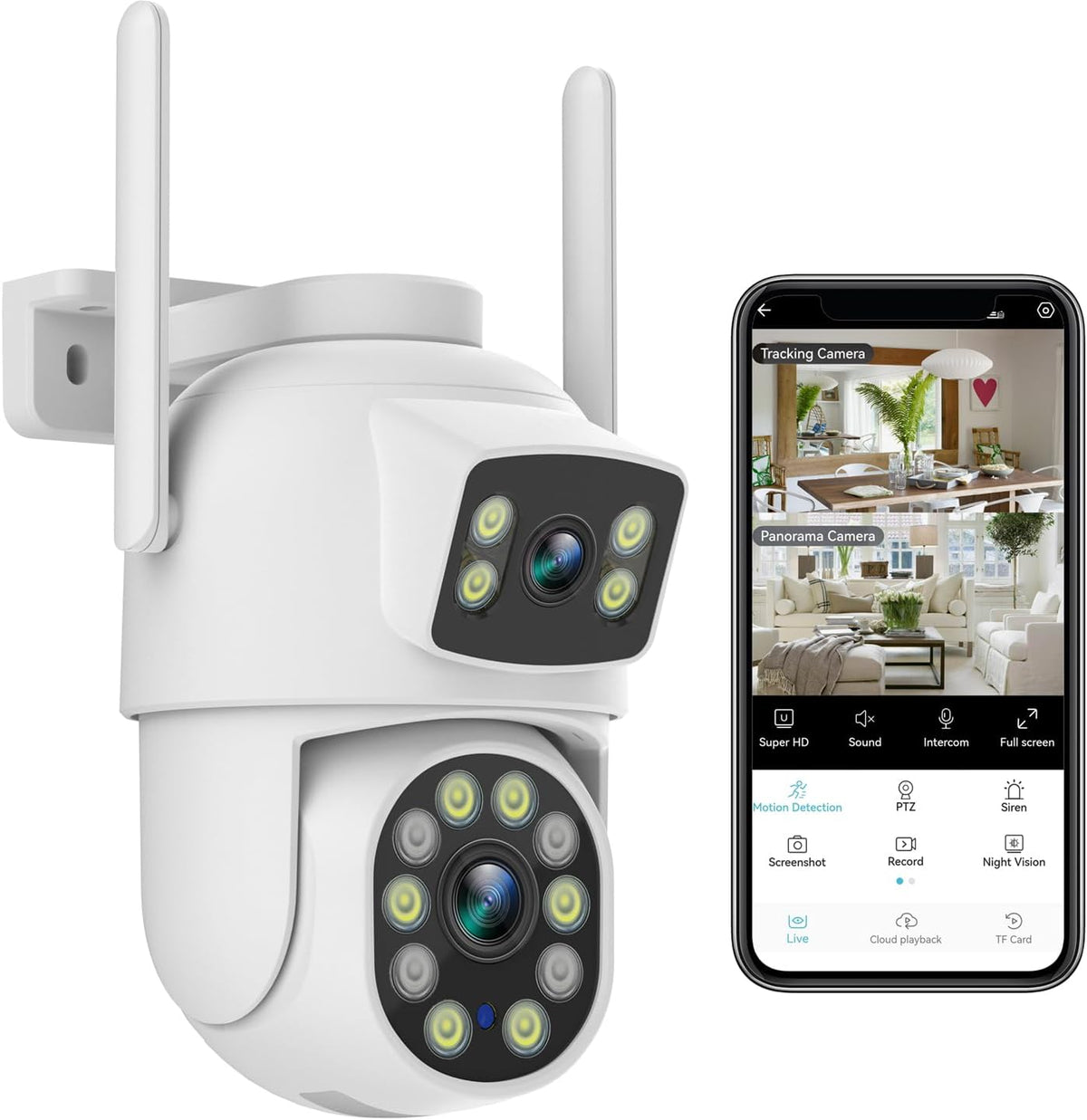Câmera de segurança 4K com Wi-Fi, lente dupla, rotação PTZ, visão noturna e proteção IP66. Ideal para monitoramento residencial ou comercial.