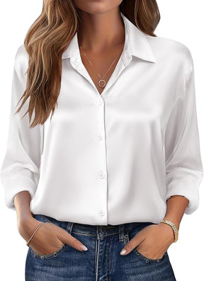 Camisa social feminina manga longa em algodão premium: corte perfeito, elegante e confortável para trabalho ou eventos. Diversas cores e tamanhos. Frete grátis