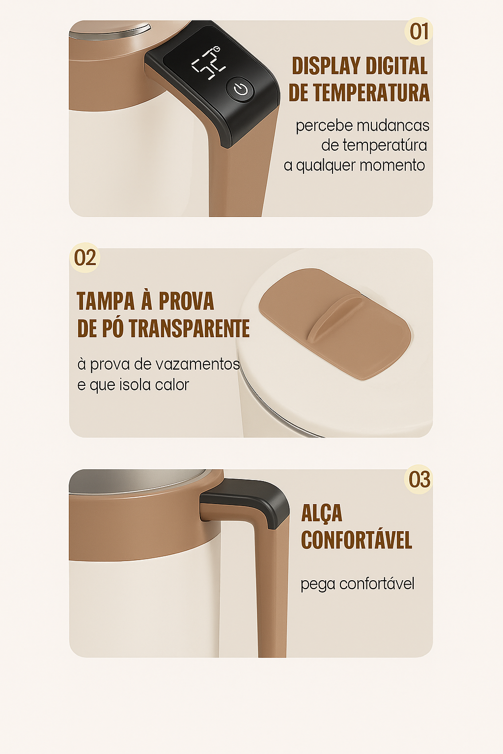 Caneca inteligente com base de aquecimento magnético e carregamento por indução. Mantém bebidas quentes e carrega celular. Design moderno e funcional.