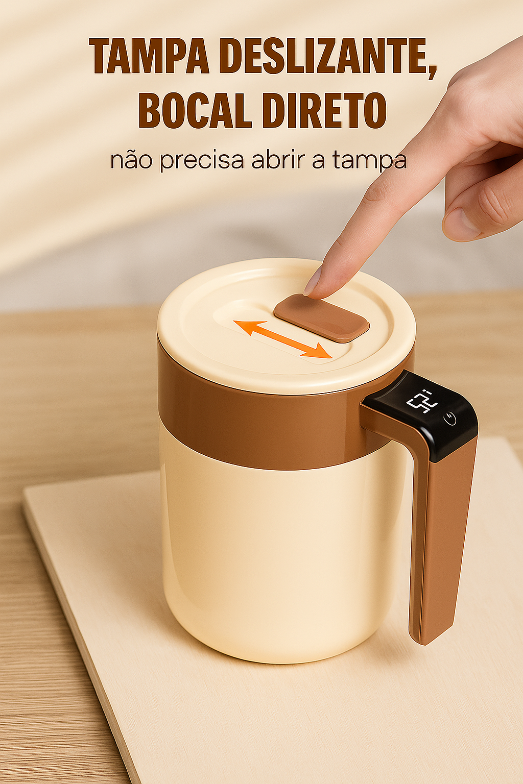 Caneca inteligente com base de aquecimento magnético e carregamento por indução. Mantém bebidas quentes e carrega celular. Design moderno e funcional.