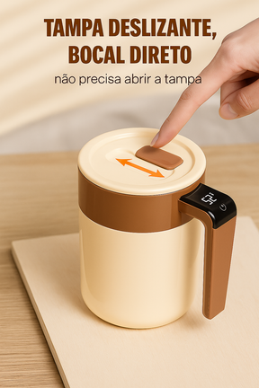 Caneca inteligente com base de aquecimento magnético e carregamento por indução. Mantém bebidas quentes e carrega celular. Design moderno e funcional.