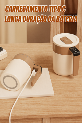 Caneca inteligente com base de aquecimento magnético e carregamento por indução. Mantém bebidas quentes e carrega celular. Design moderno e funcional.