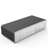 Carregador sem fio 3 em 1 com relógio, despertador e termômetro digital LED. Moderno e funcional.