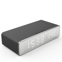 Carregador sem fio 3 em 1 com relógio, despertador e termômetro digital LED. Moderno e funcional.