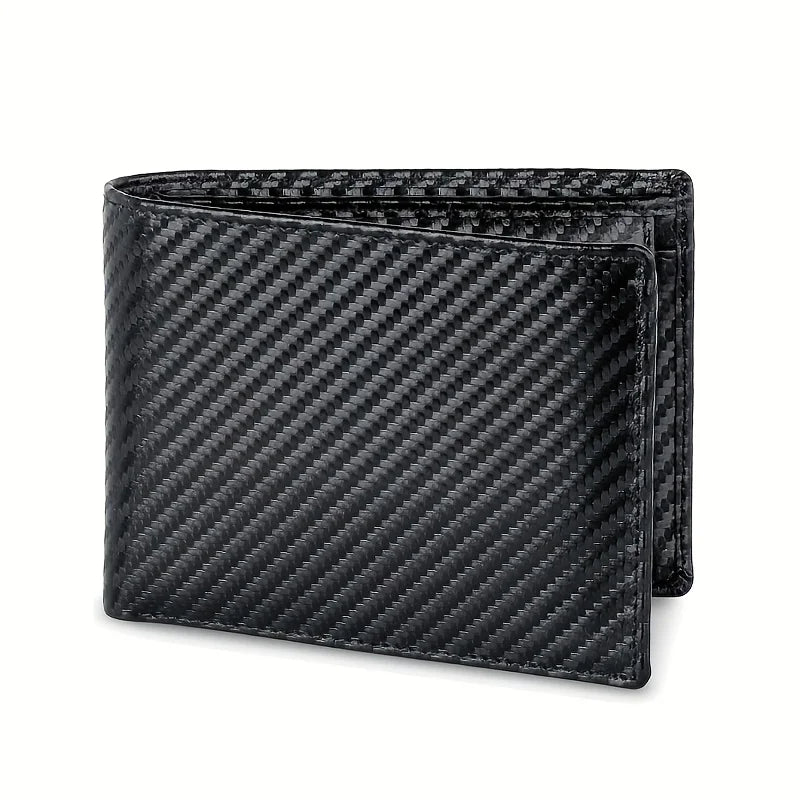 Carteira de fibra de carbono com bloqueio RFID, bolso para moedas com zíper e espaço para cartões e cédulas. Leve, segura e resistente.