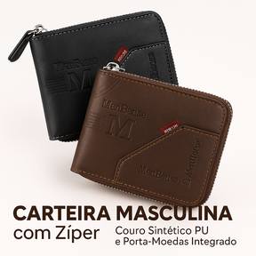 Carteira masculina de couro sintético com porta-moedas e divisórias.