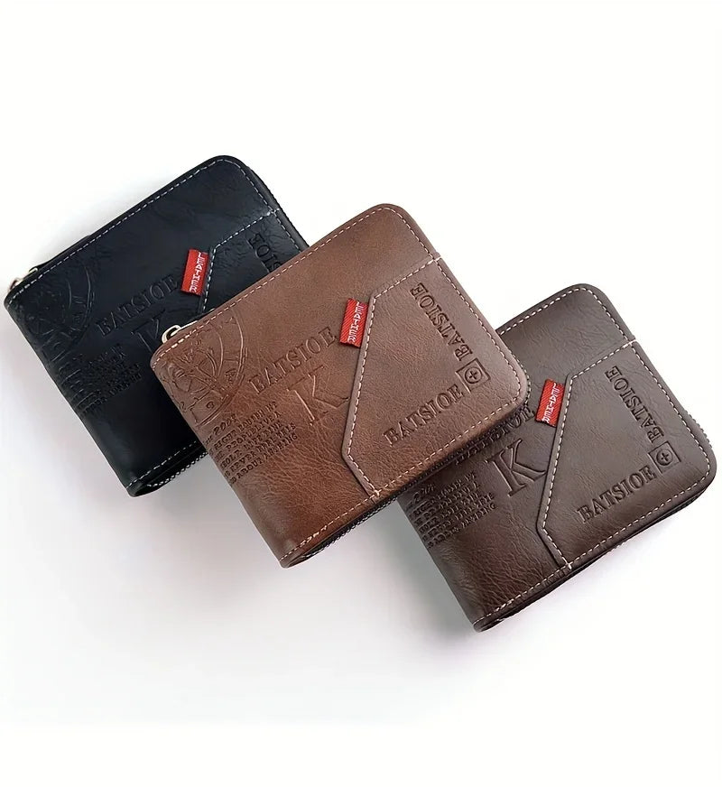 Carteira masculina de couro sintético com porta-moedas e divisórias.
