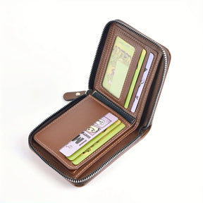 Carteira masculina de couro sintético com porta-moedas e divisórias.