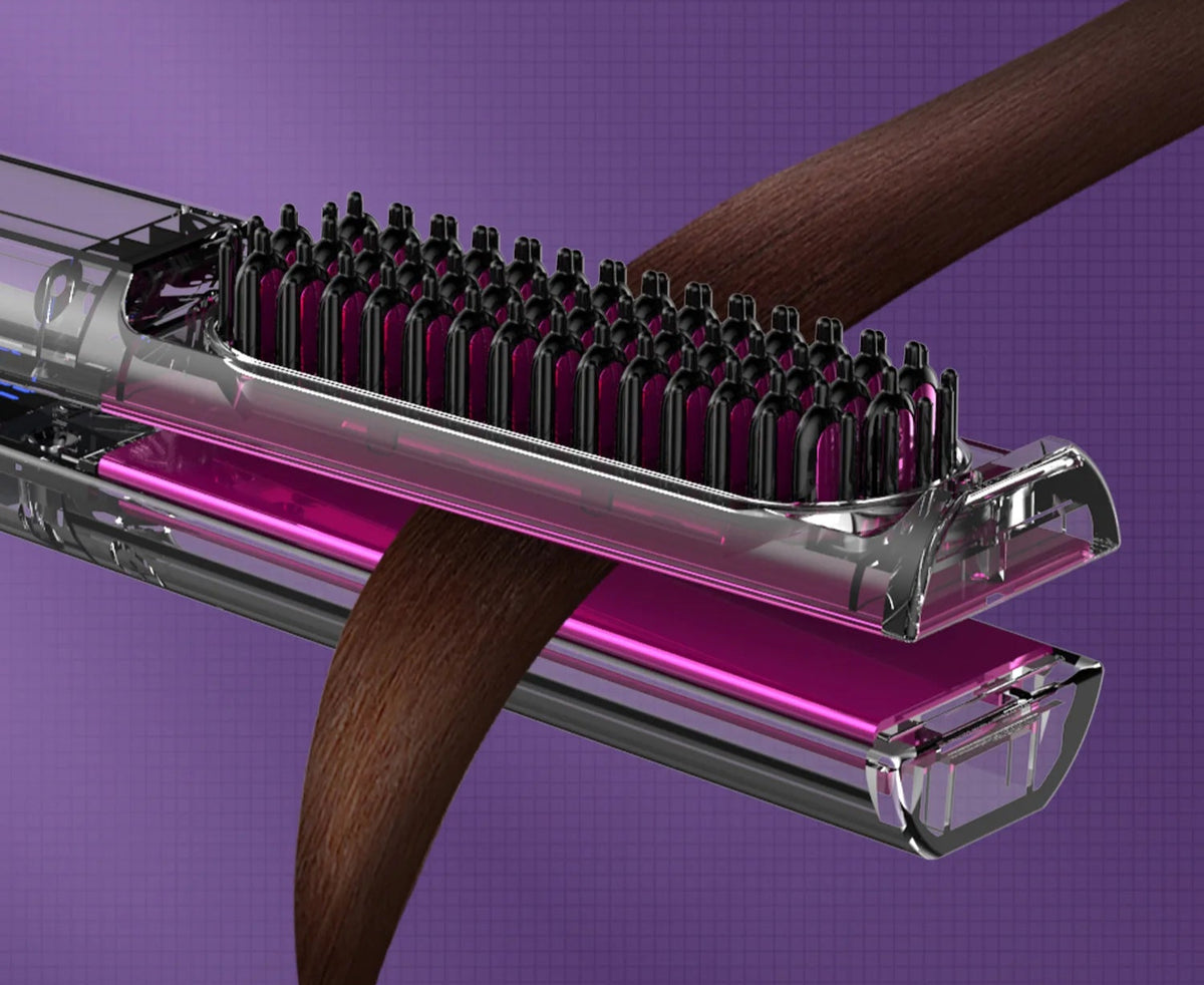 Chapinha com escova embutida 2 em 1 para alisar e modelar cabelos.