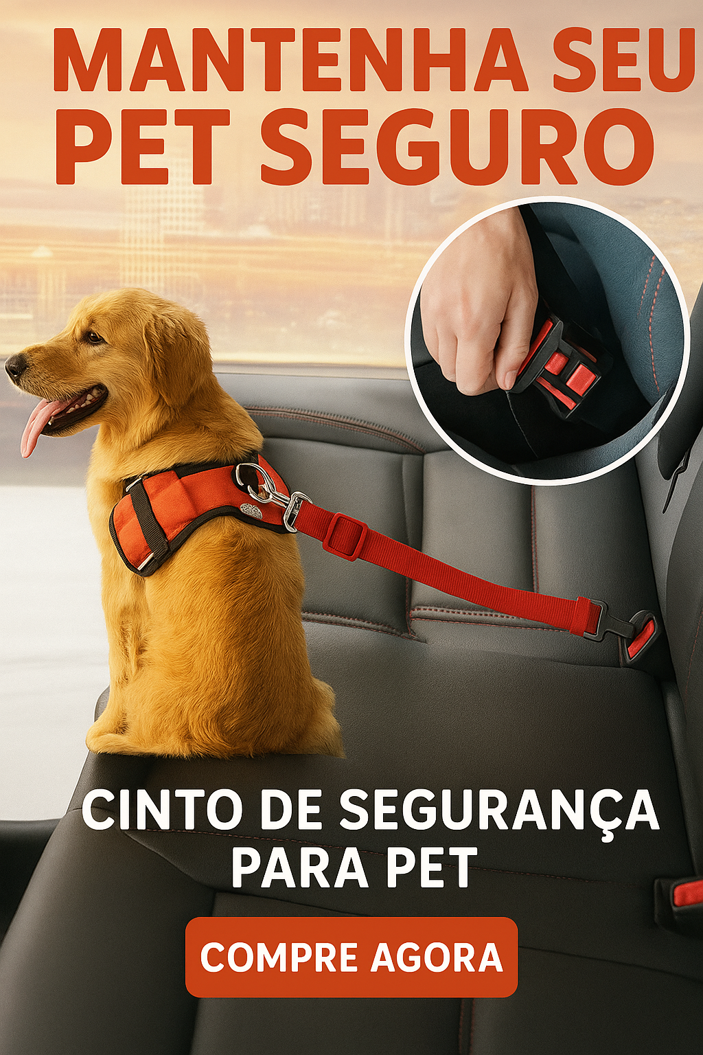 Cinto de segurança ajustável para pets, ideal para cães e gatos no carro. Encaixe universal, resistente, confortável e fácil de usar