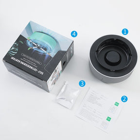 Cinzeiro com purificador de ar e filtro de carvão ativado. Elimina fumaça e odores de cigarro em segundos. Portátil, silencioso e recarregável via USB.