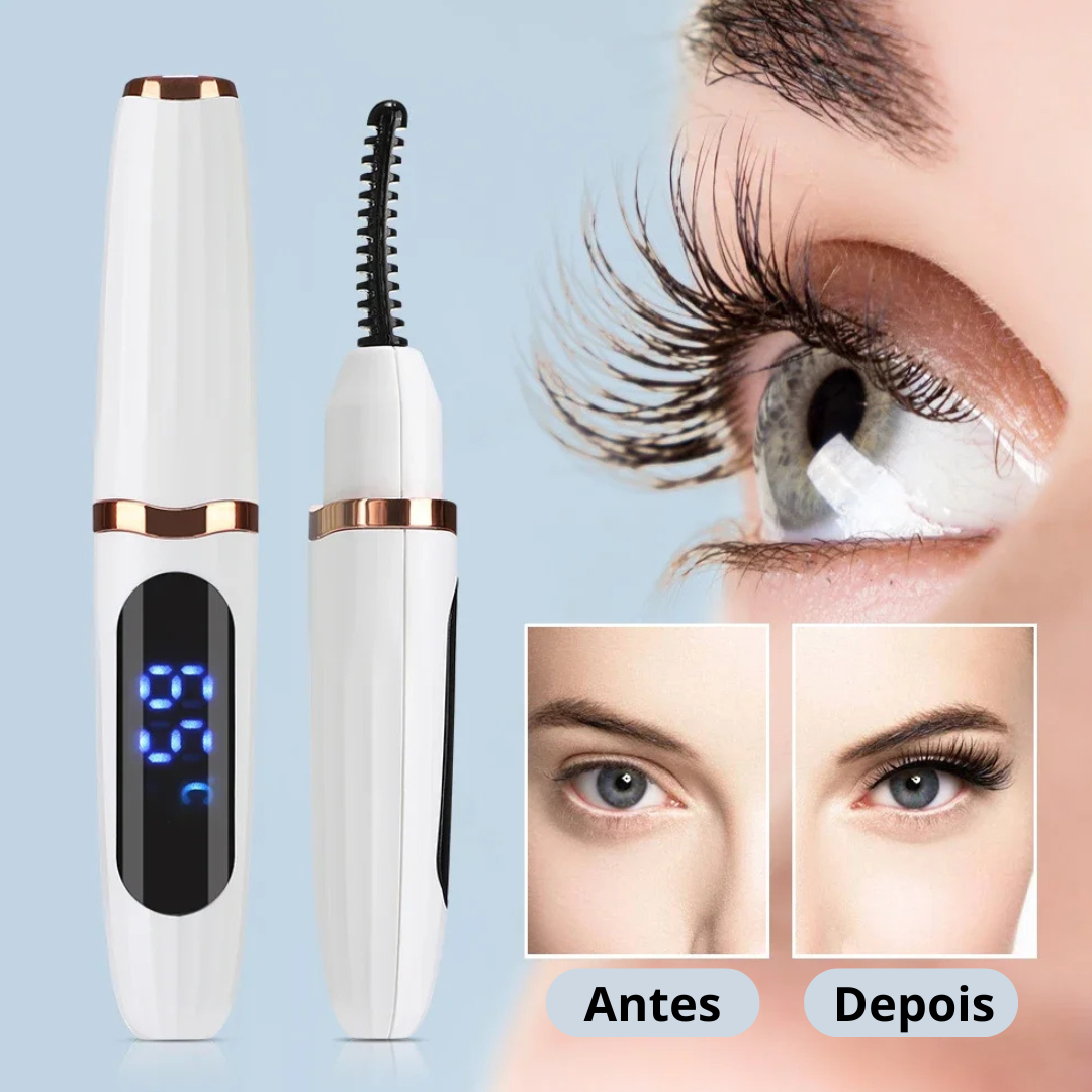 Curvador de cílios elétrico portátil com aquecimento rápido e resultado lifting natural. Seguro, recarregável e ideal para uso diário.