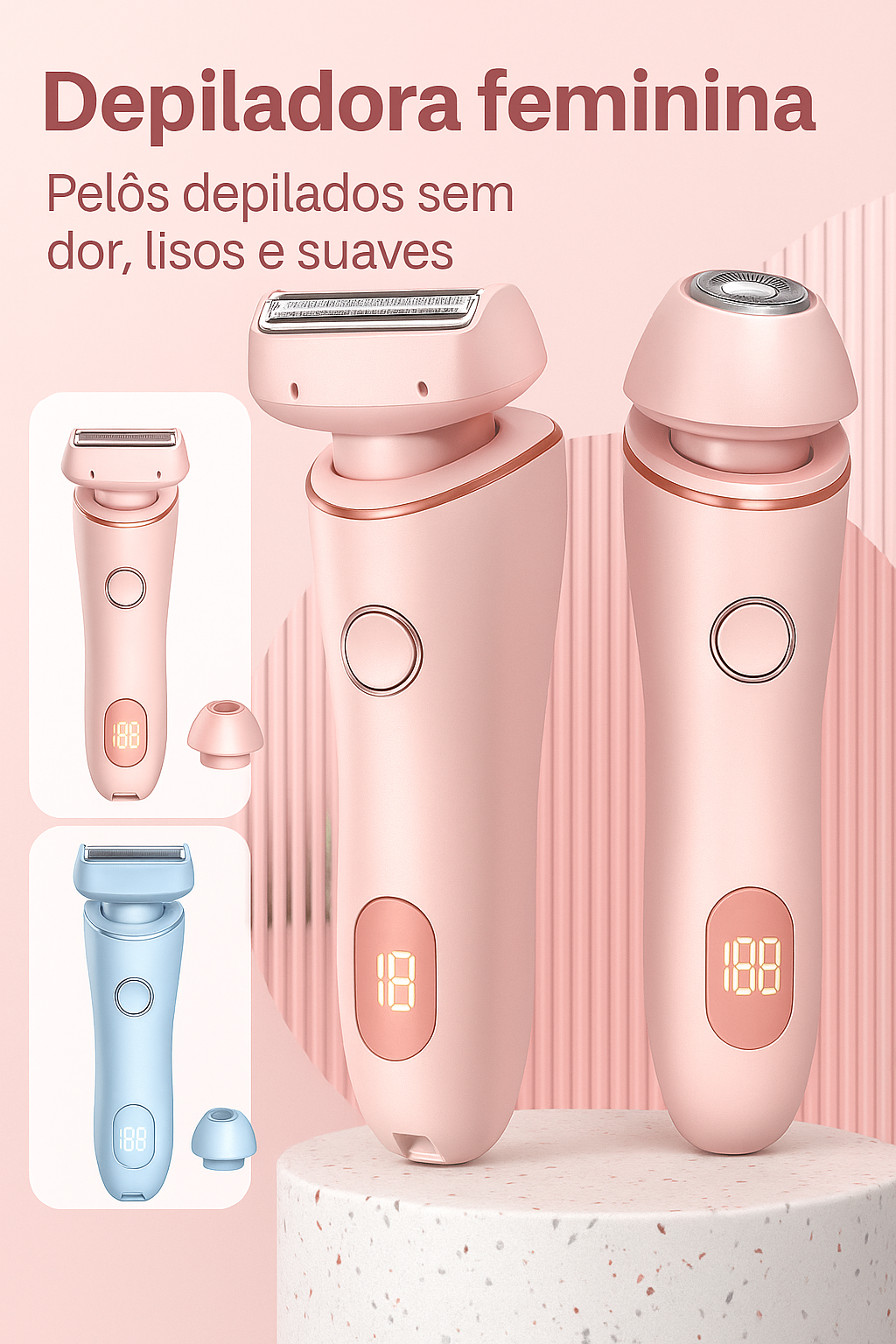Depilador elétrico 2 em 1 recarregável, com cabeças para corpo e precisão. Indolor, compacto, seguro e ideal para depilação sem sofrimento.