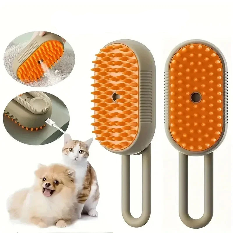 Escova elétrica para pets que remove pelos soltos e massageia. Recarregável por USB, ergonômica e segura para cães e gatos.
