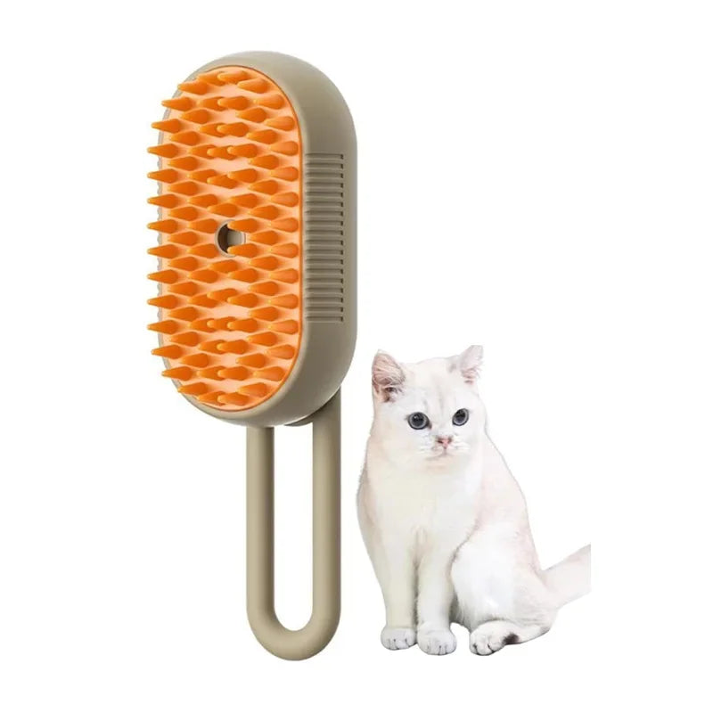 Escova elétrica para pets que remove pelos soltos e massageia. Recarregável por USB, ergonômica e segura para cães e gatos.