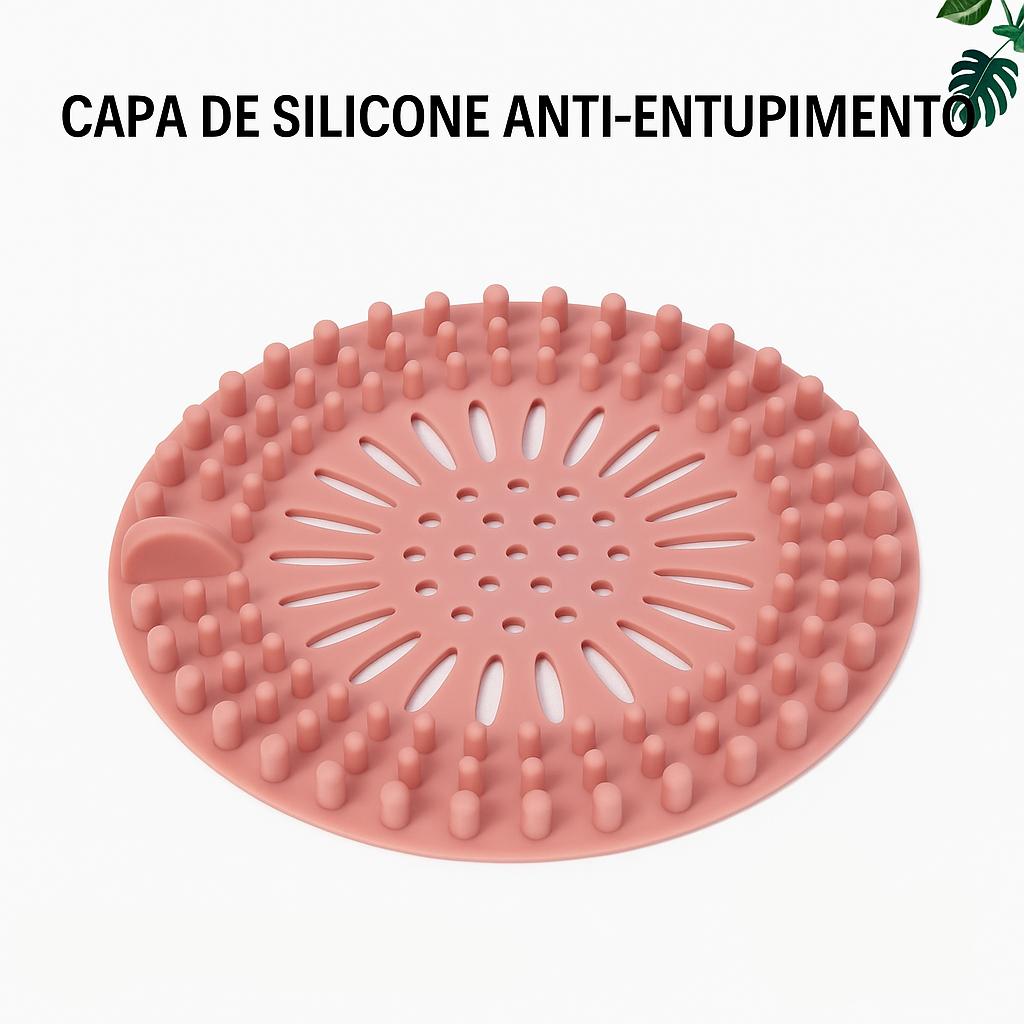 Filtro de silicone para ralo com malha anti-cabelos. Reutilizável, flexível e ideal para pias, banheiros, tanques e cozinhas.