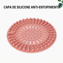 Filtro de silicone para ralo com malha anti-cabelos. Reutilizável, flexível e ideal para pias, banheiros, tanques e cozinhas.
