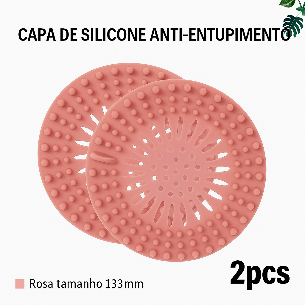 Filtro de silicone para ralo com malha anti-cabelos. Reutilizável, flexível e ideal para pias, banheiros, tanques e cozinhas.