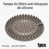 Filtro de silicone para ralo com malha anti-cabelos. Reutilizável, flexível e ideal para pias, banheiros, tanques e cozinhas.