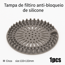 Filtro de silicone para ralo com malha anti-cabelos. Reutilizável, flexível e ideal para pias, banheiros, tanques e cozinhas.