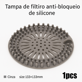 Filtro de silicone para ralo com malha anti-cabelos. Reutilizável, flexível e ideal para pias, banheiros, tanques e cozinhas.
