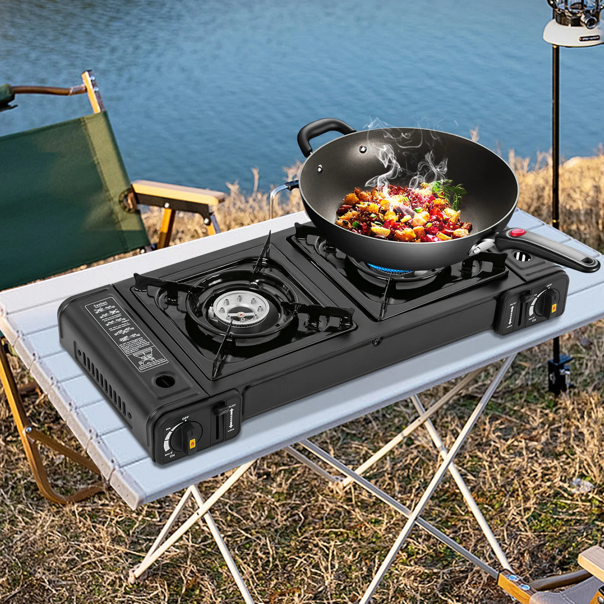 Fogão portátil a gás GLP com ignição piezoelétrica e estrutura compacta. Ideal para camping, viagens e uso emergencial com segurança.